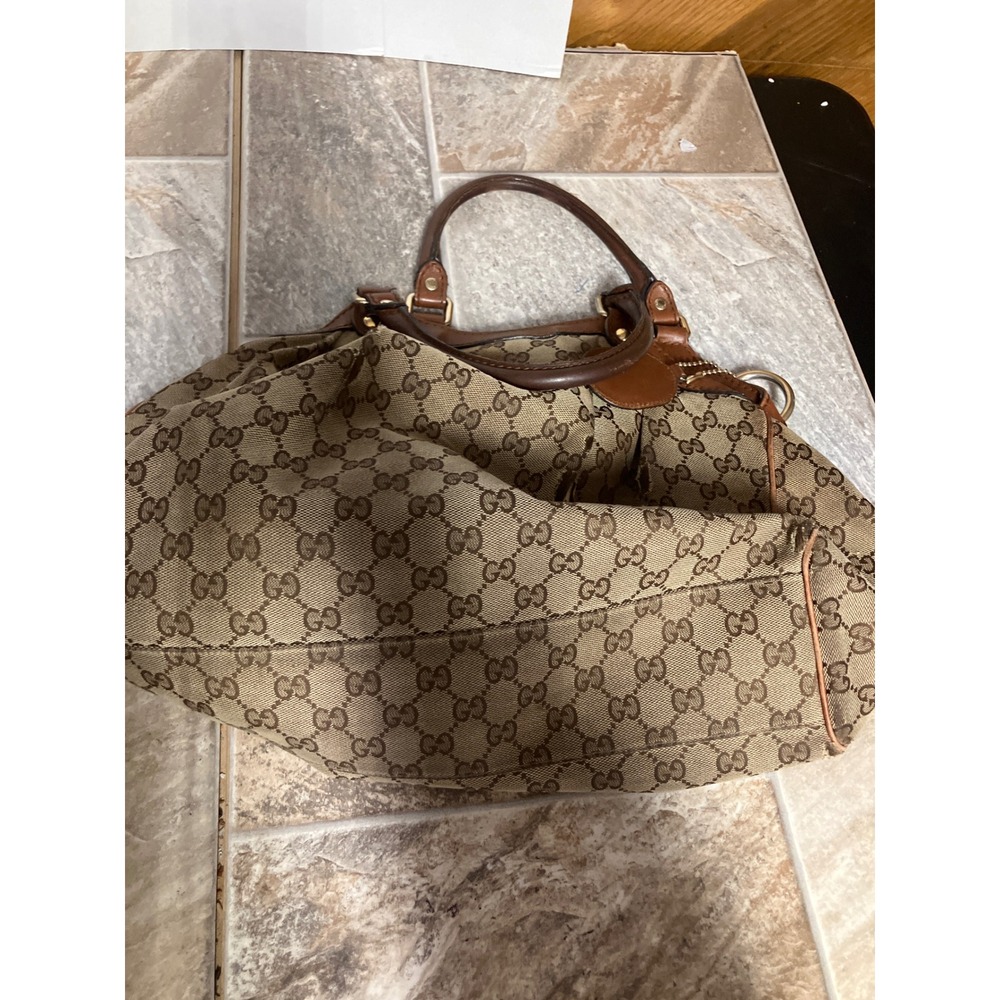 Gucci Sukey Medium Tote GG Monogram Canvas Brown Leather Gold Hardware Hobo Bag